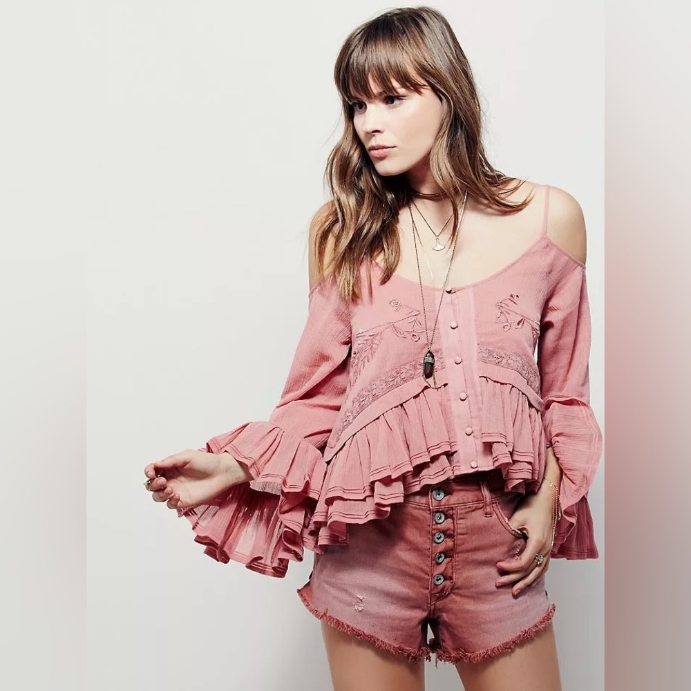 Free People Woodstock Pink Gauze Open Shoulder Boho Festival Blouse Top